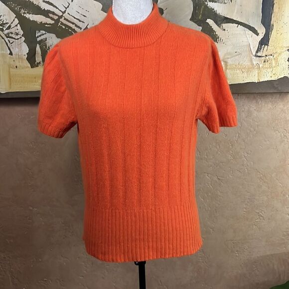 VINTAGE WOOL SHORT SLEEVE MOCK TURTLENECK NINA CHARLES KASPER ORANGE SWEATER L - Picture 4 of 13